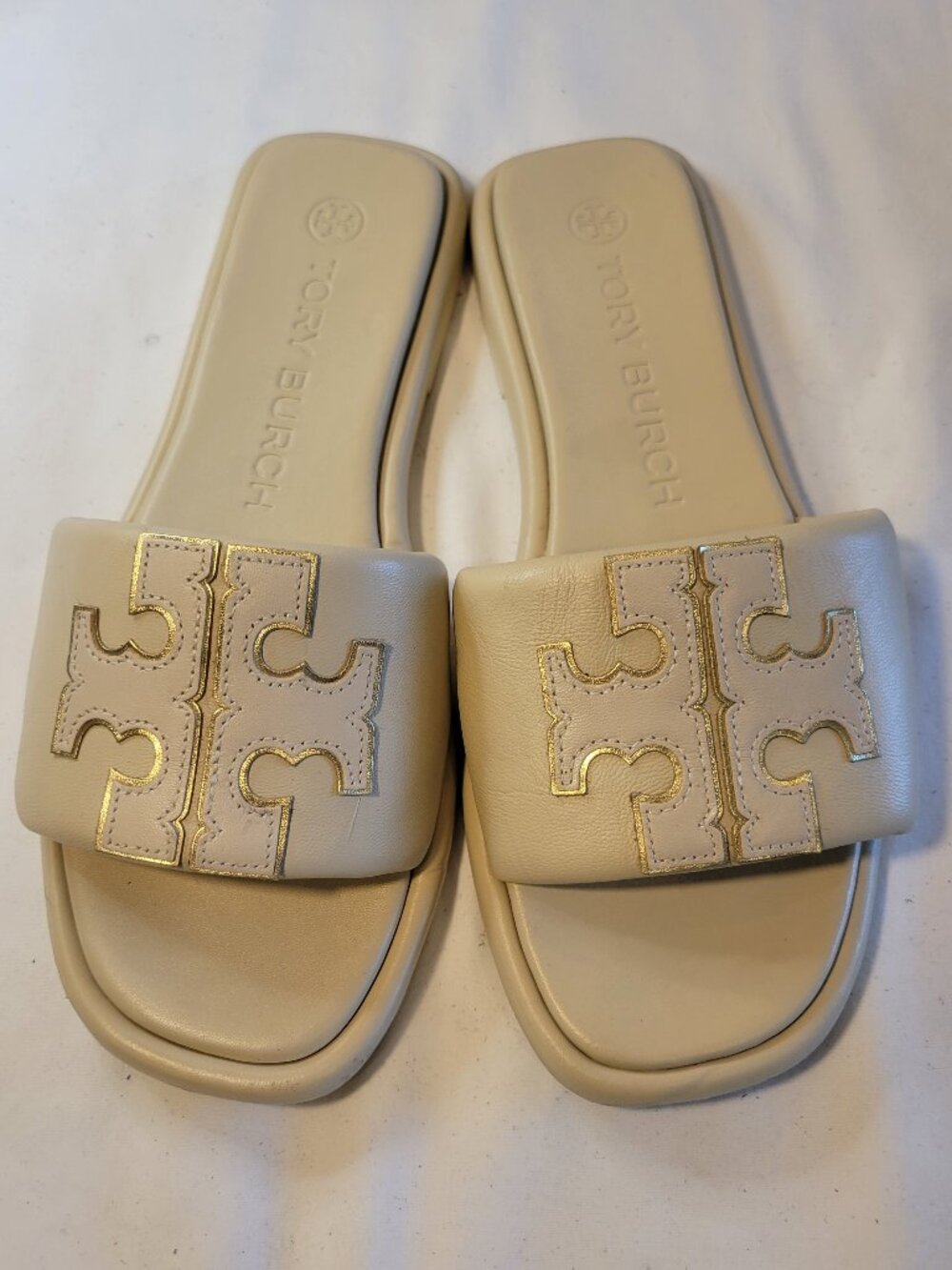 Tory Burch Double T Leather Slide Sandals Cream Beige Gold Logo Size 7